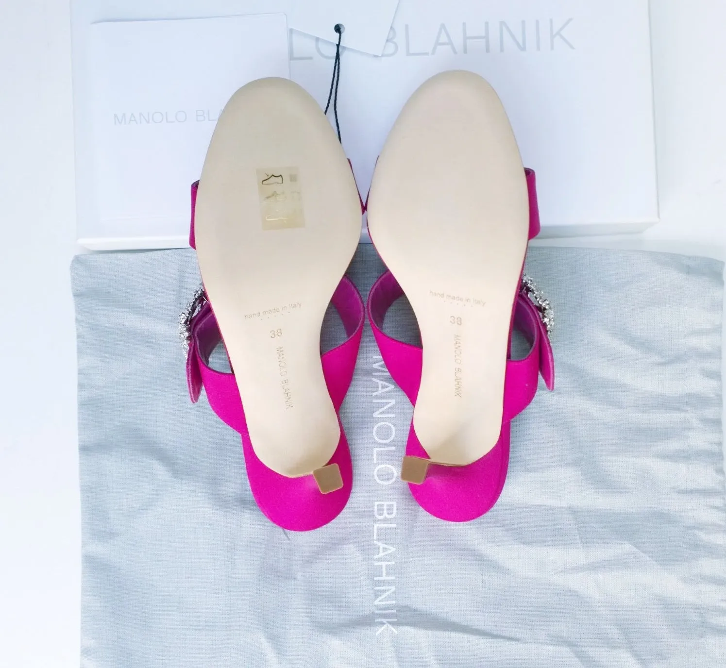 Manolo Blahnik Gable Fuchsia Satin Rhinestone Buckle Slides Sandals sale Heels