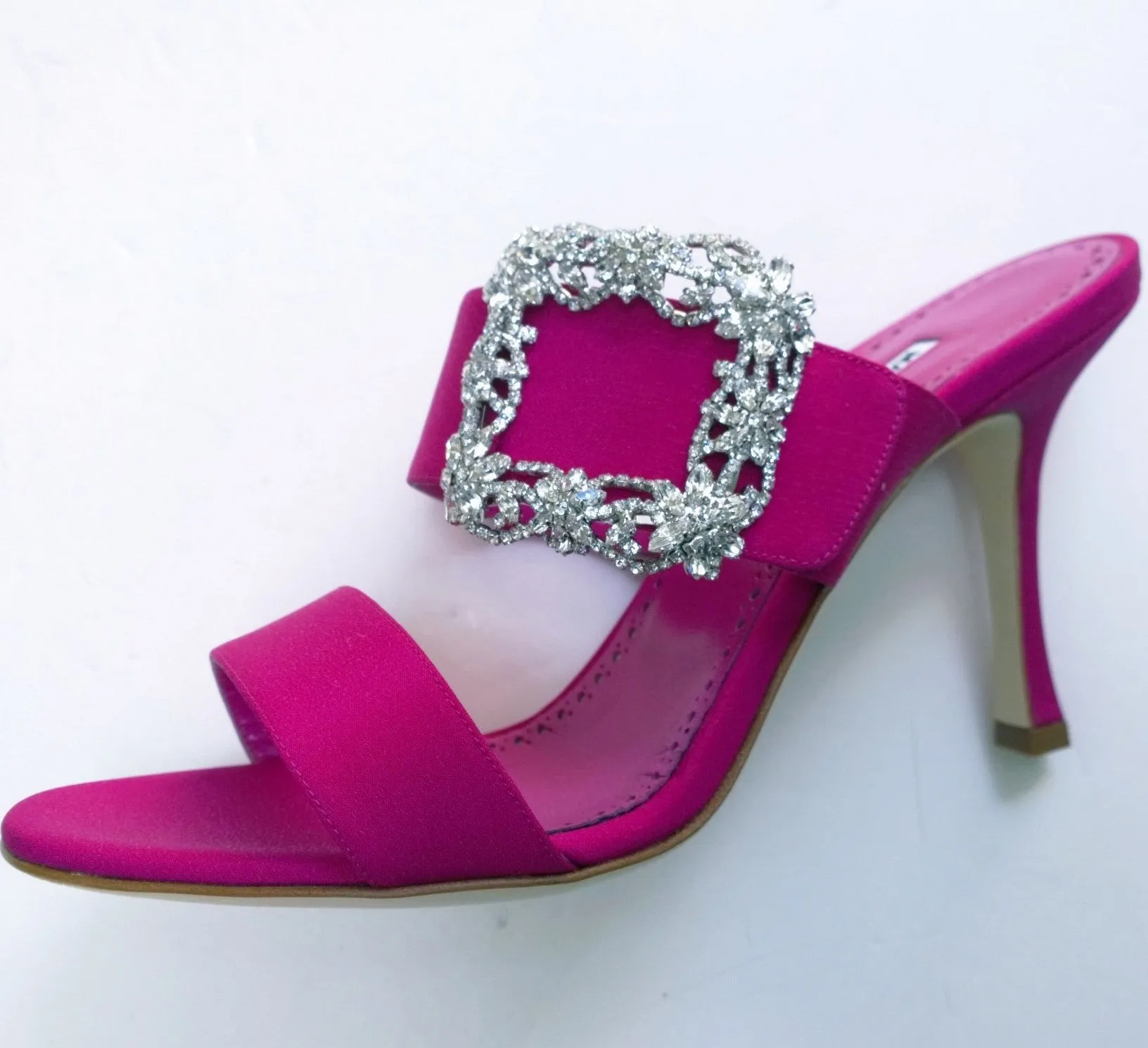 Manolo Blahnik Gable Fuchsia Satin Rhinestone Buckle Slides Sandals sale Heels