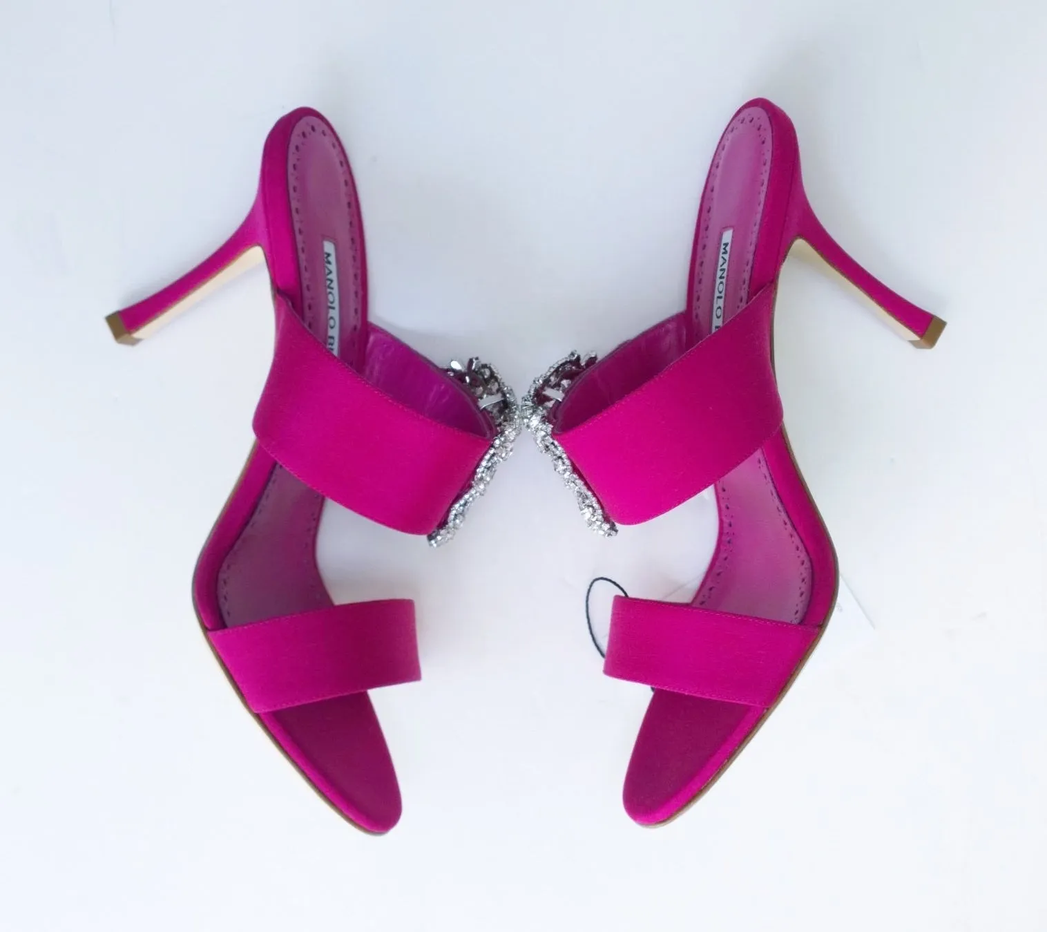 Manolo Blahnik Gable Fuchsia Satin Rhinestone Buckle Slides Sandals sale Heels