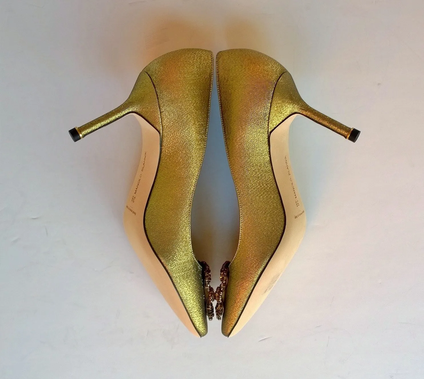 Manolo Blahnik Hangisi 70 Gold Heels with rhinestone buckle