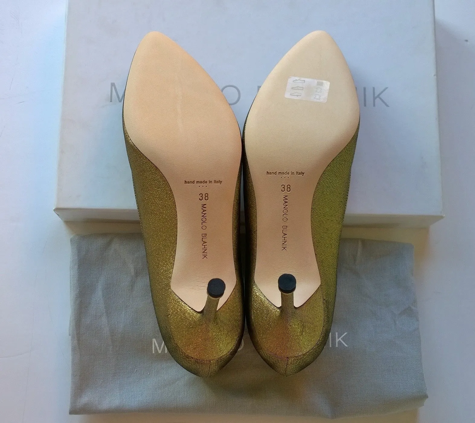 Manolo Blahnik Hangisi 70 Gold Heels with rhinestone buckle