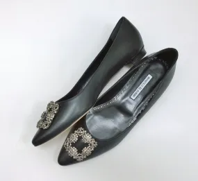 Manolo Blahnik Hangisi Black Leather Flats with Silver Rhinestone Buckle Shoes