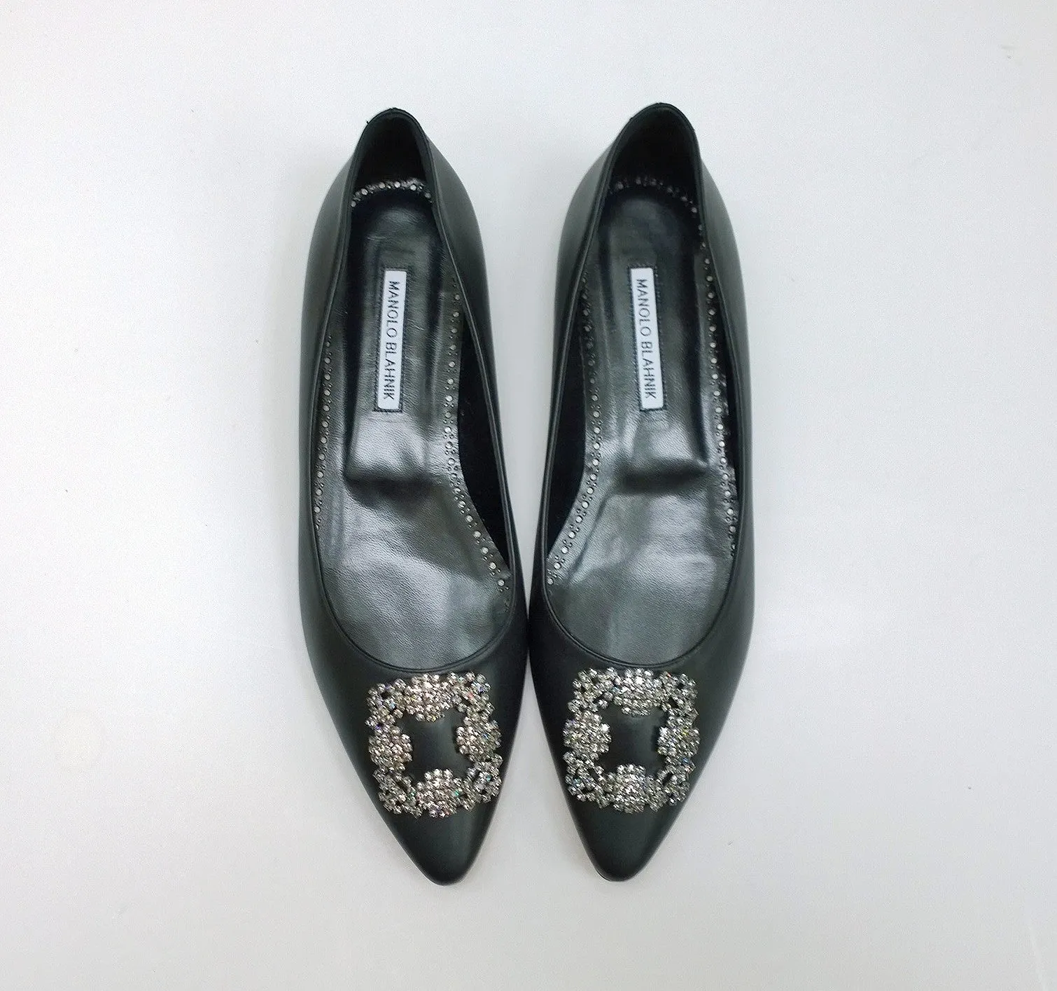 Manolo Blahnik Hangisi Black Leather Flats with Silver Rhinestone Buckle Shoes