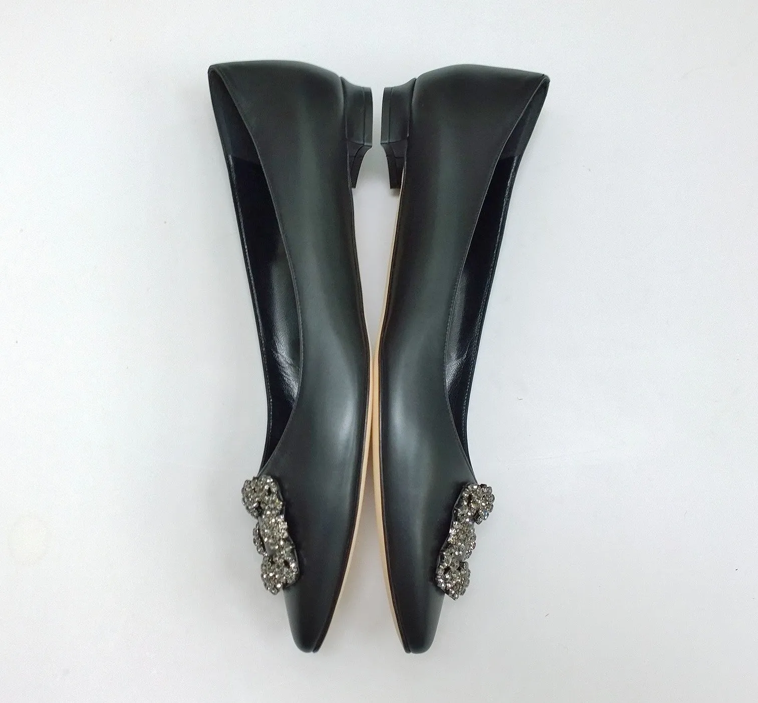 Manolo Blahnik Hangisi Black Leather Flats with Silver Rhinestone Buckle Shoes