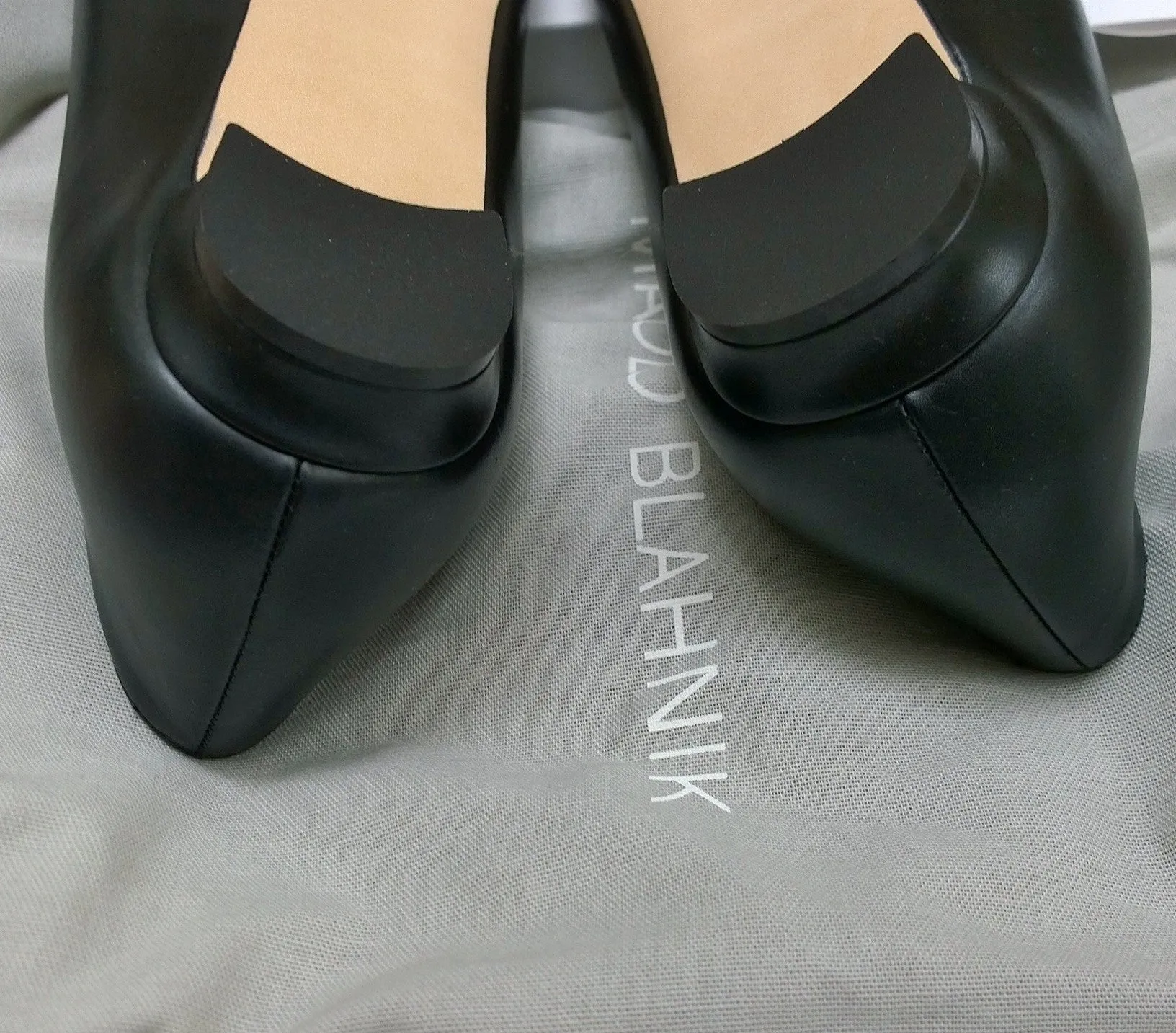 Manolo Blahnik Hangisi Black Leather Flats with Silver Rhinestone Buckle Shoes