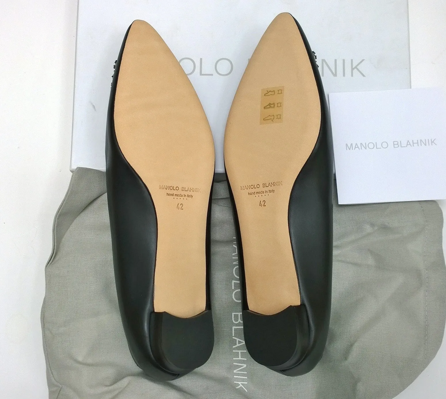 Manolo Blahnik Hangisi Black Leather Flats with Silver Rhinestone Buckle Shoes