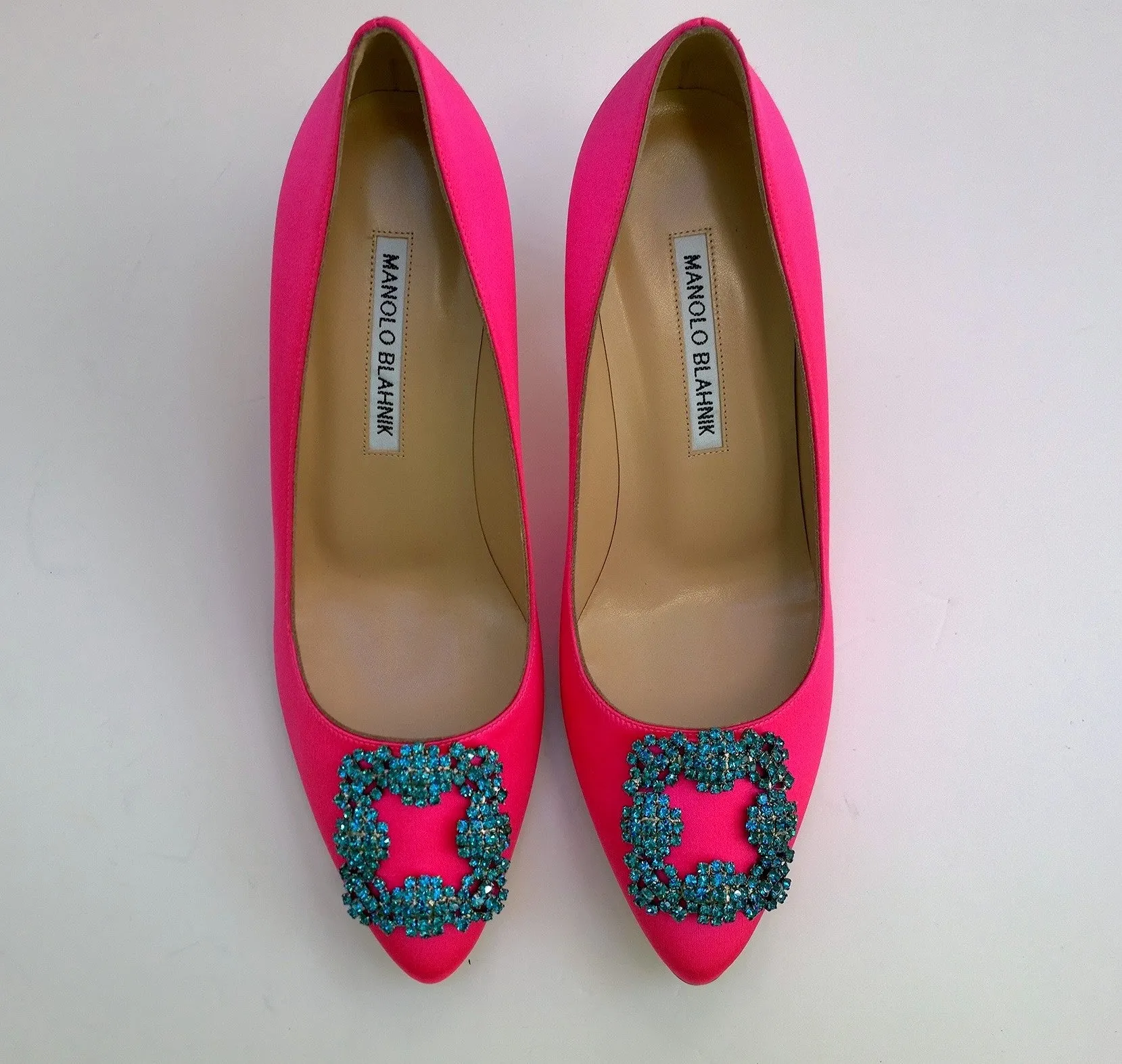 Manolo Blahnik Hangisi Bright Pink Turquoise Buckle Rhinestone Heels Fuchsia Shoes