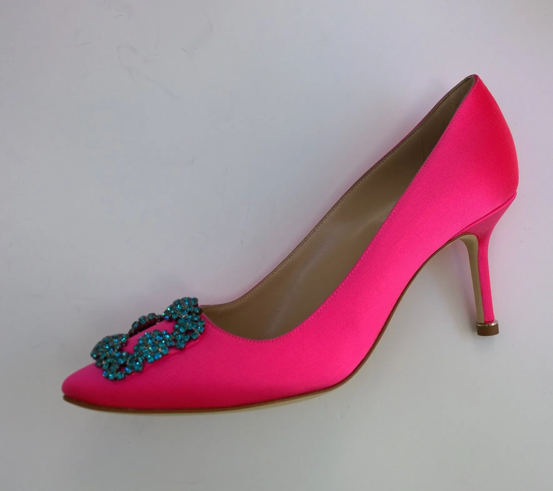 Manolo Blahnik Hangisi Bright Pink Turquoise Buckle Rhinestone Heels Fuchsia Shoes