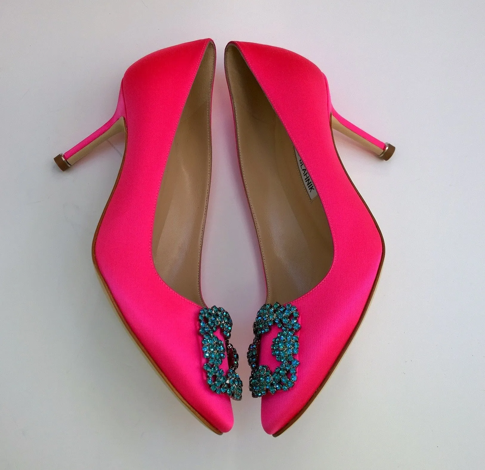 Manolo Blahnik Hangisi Bright Pink Turquoise Buckle Rhinestone Heels Fuchsia Shoes