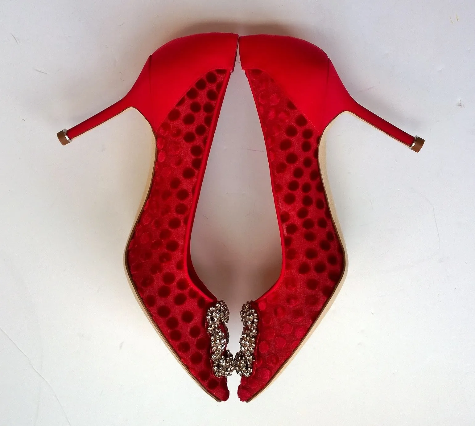 Manolo Blahnik Hangisi Red Polka Dot Silk Buckle Heels with Rhinestones 90