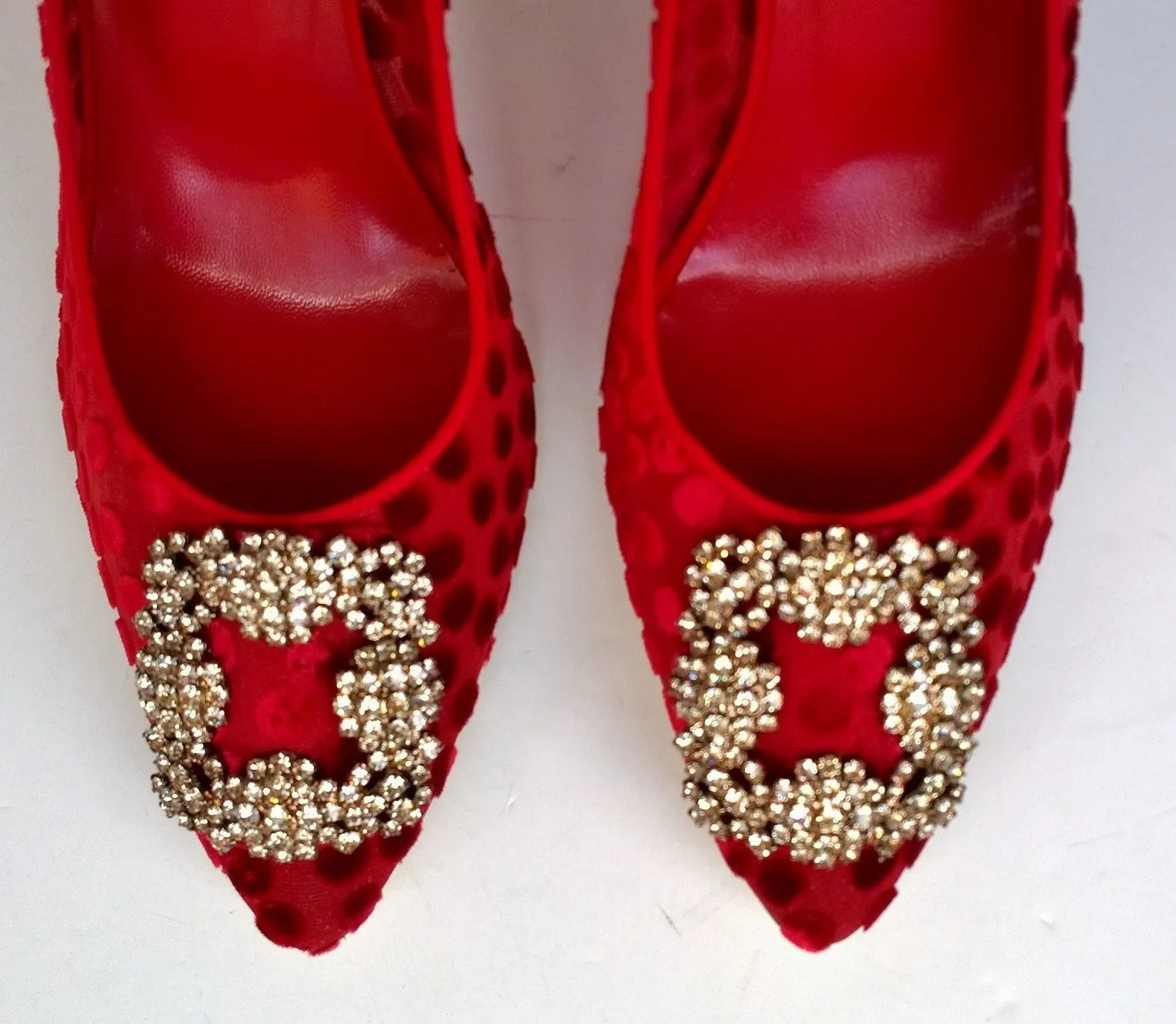 Manolo Blahnik Hangisi Red Polka Dot Silk Buckle Heels with Rhinestones 90