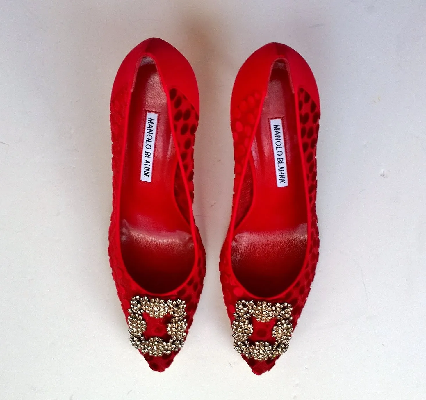 Manolo Blahnik Hangisi Red Polka Dot Silk Buckle Heels with Rhinestones 90