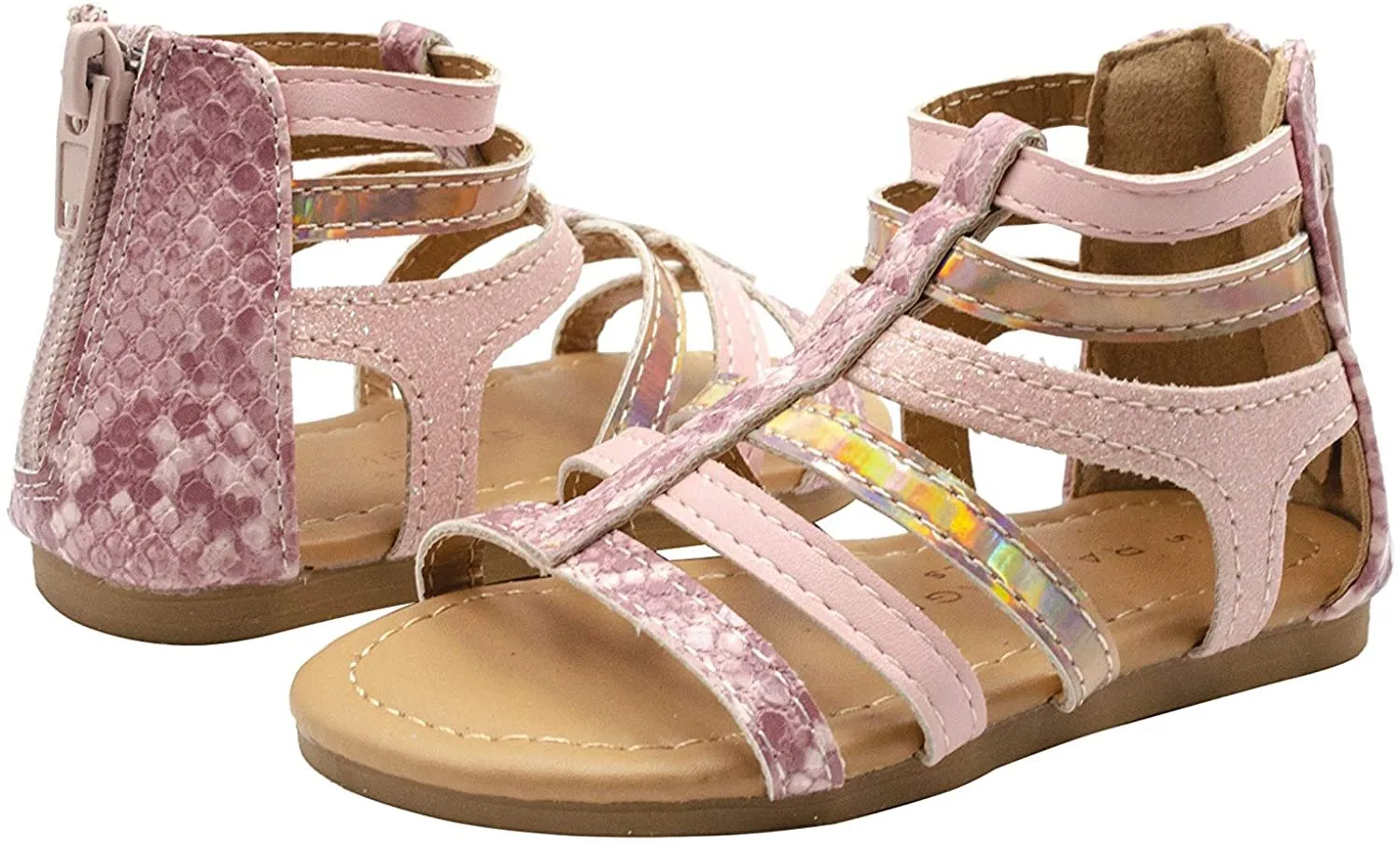 Rampage Girls' Big Kid Slip-On Gladiator Strap Sandals with Back Zipper, Open-Toe Flat Fashion Summer Shoes