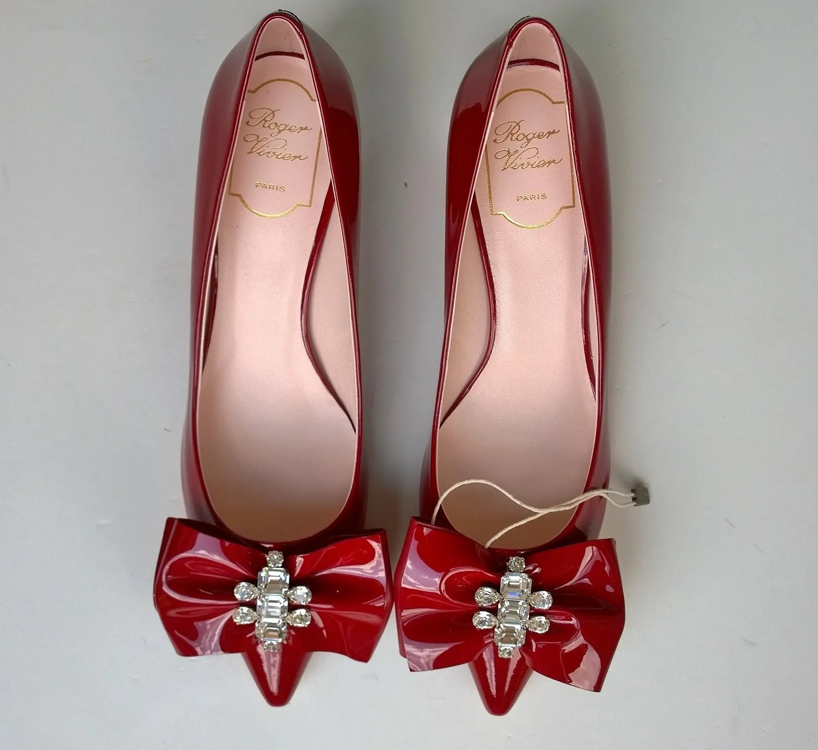 Roger Vivier Bow Jewels Block Heels Red Patent Rhinestone Bow Pumps Rubino