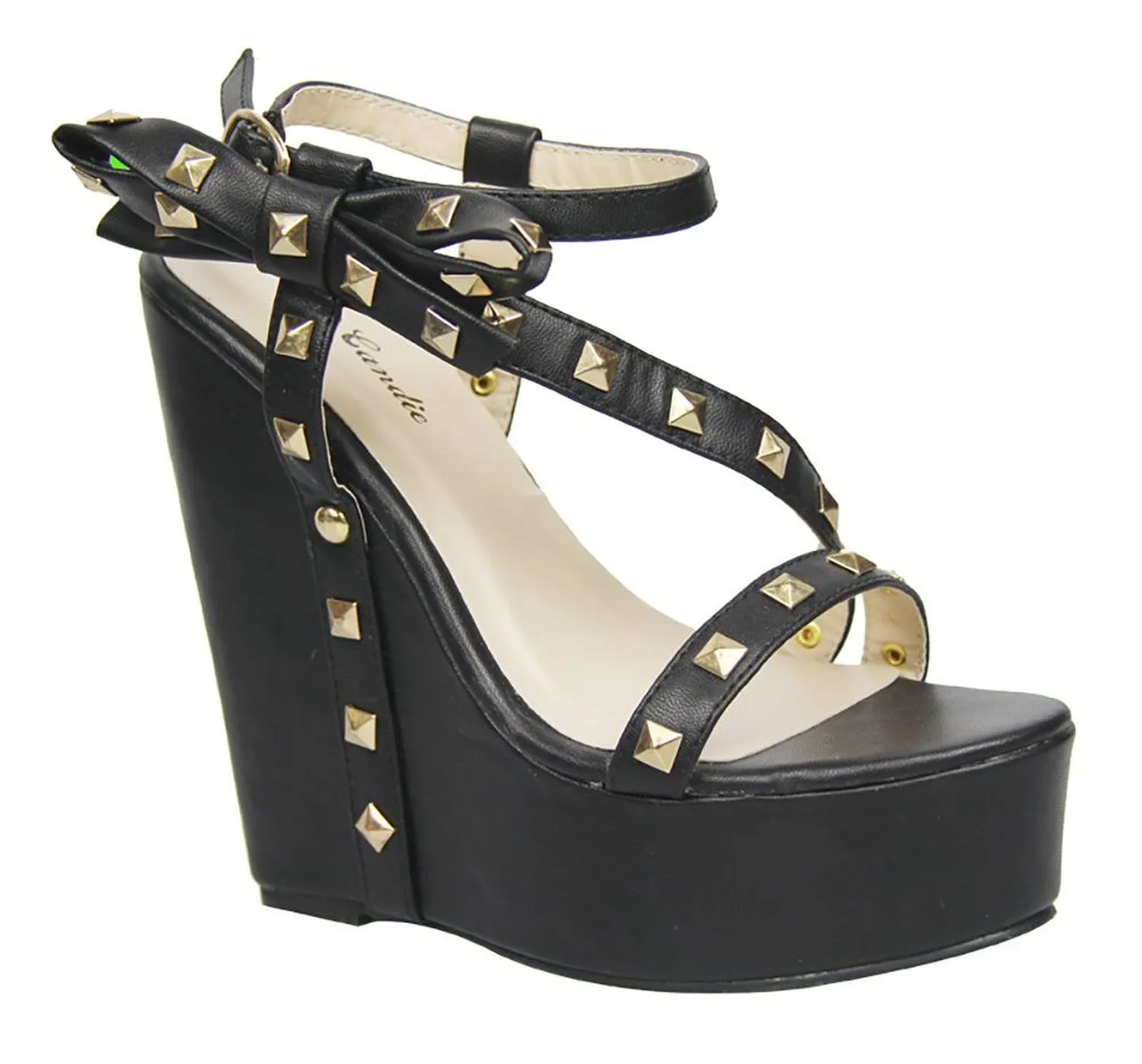 Studded Bows Strappy Open Toe Platform Wedge Sandal