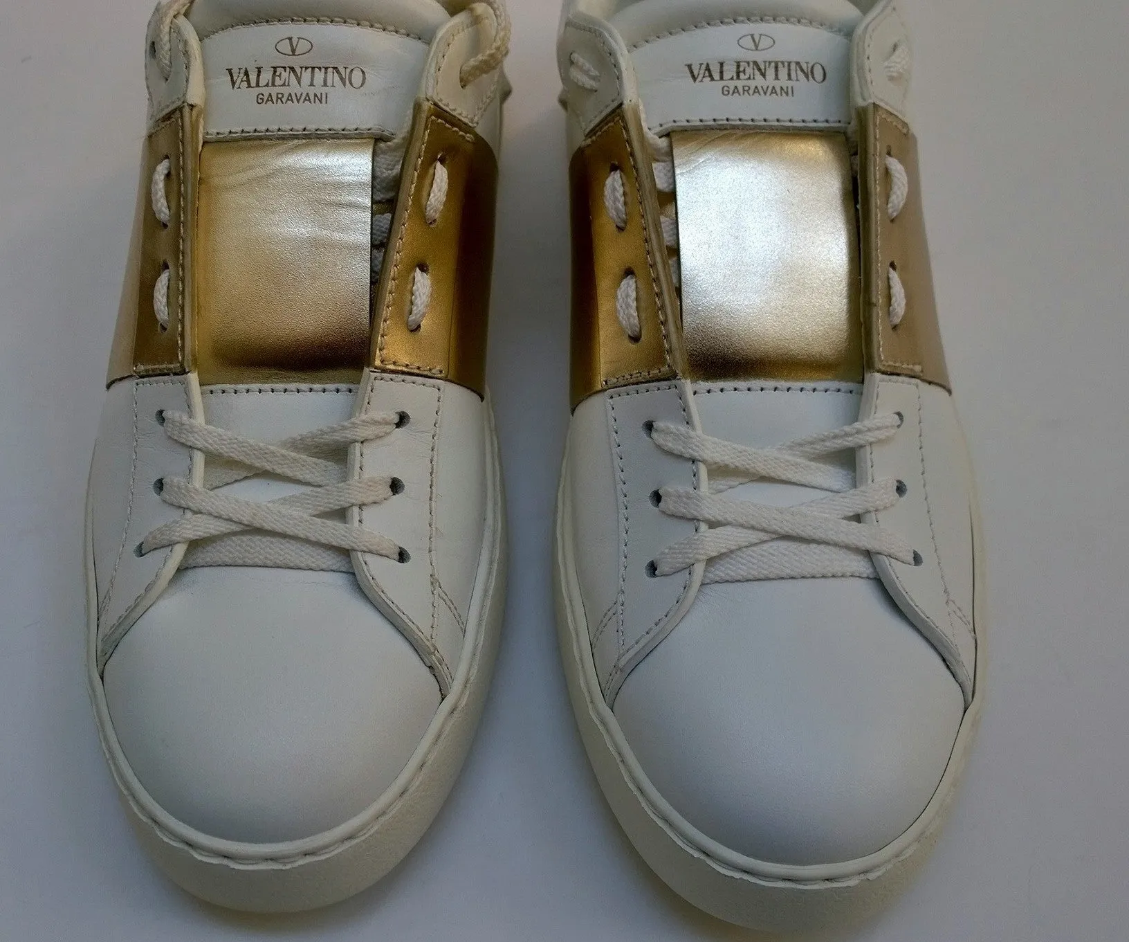 Valentino Garavani Open Sneakers in White and Gold Leather Trainers