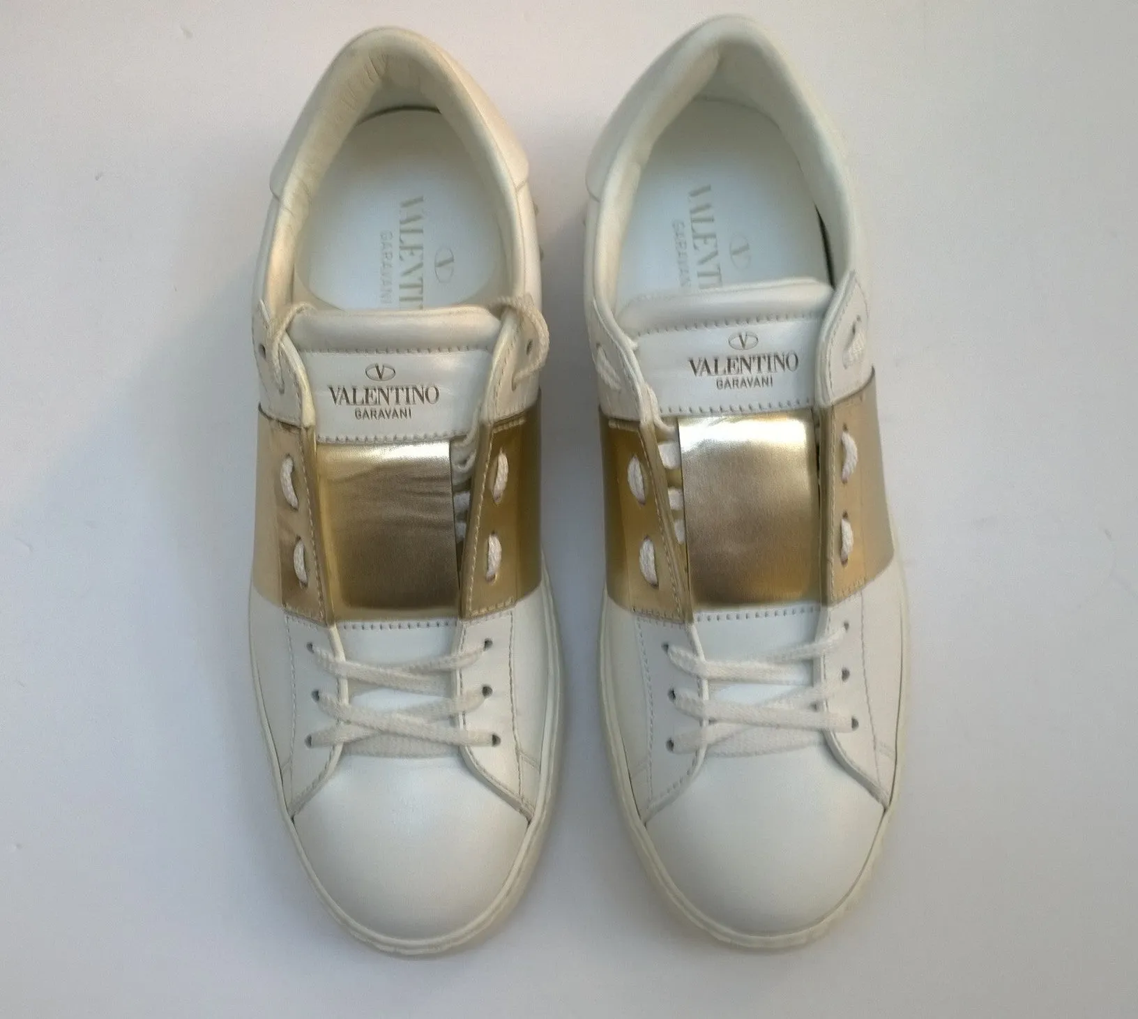 Valentino Garavani Open Sneakers in White and Gold Leather Trainers